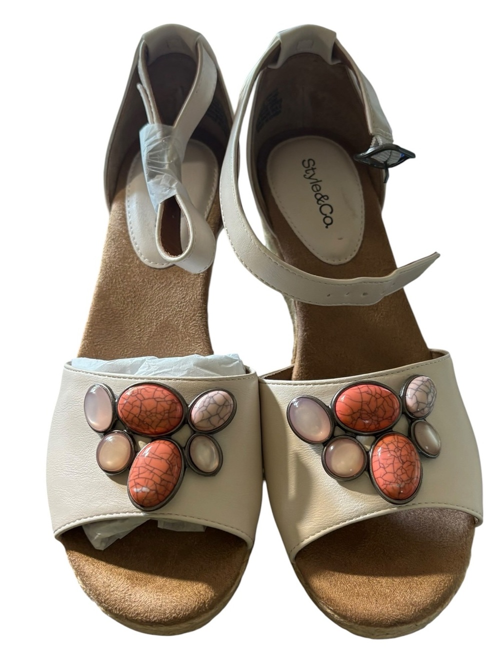 Style & Co. Cream Sandals with Coral and Blush Gem Accents, Size 7.5